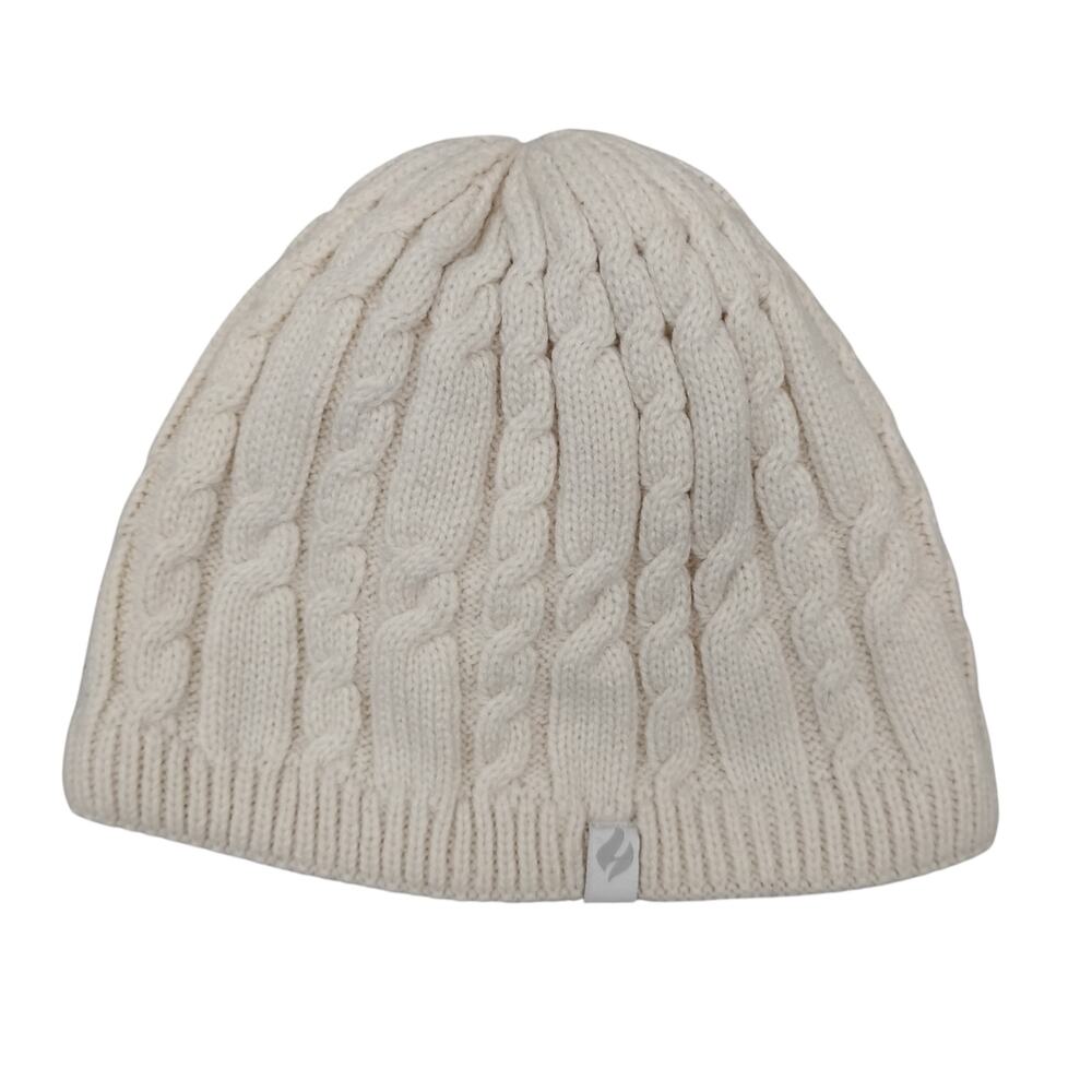 🍒 Heat Holder Cable Knit Beanie Beige with White Sherpa Lined